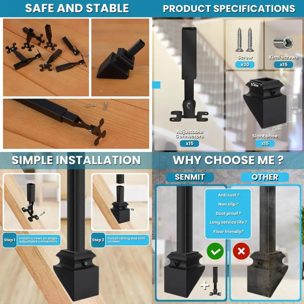Adjustable Baluster Connectors with Screws for 1/5 Square Balusters, 15-Pack with Slant Shoes for Staircase Interiors