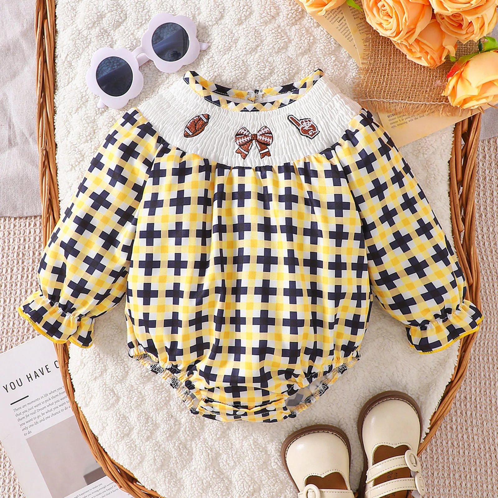 Infant Girls Long Sleeve Romprs Cartoon Rugby Football Embroider Pullover Romper Newborn Bodysuits Baby Clothes 3M,6M,12M,18M