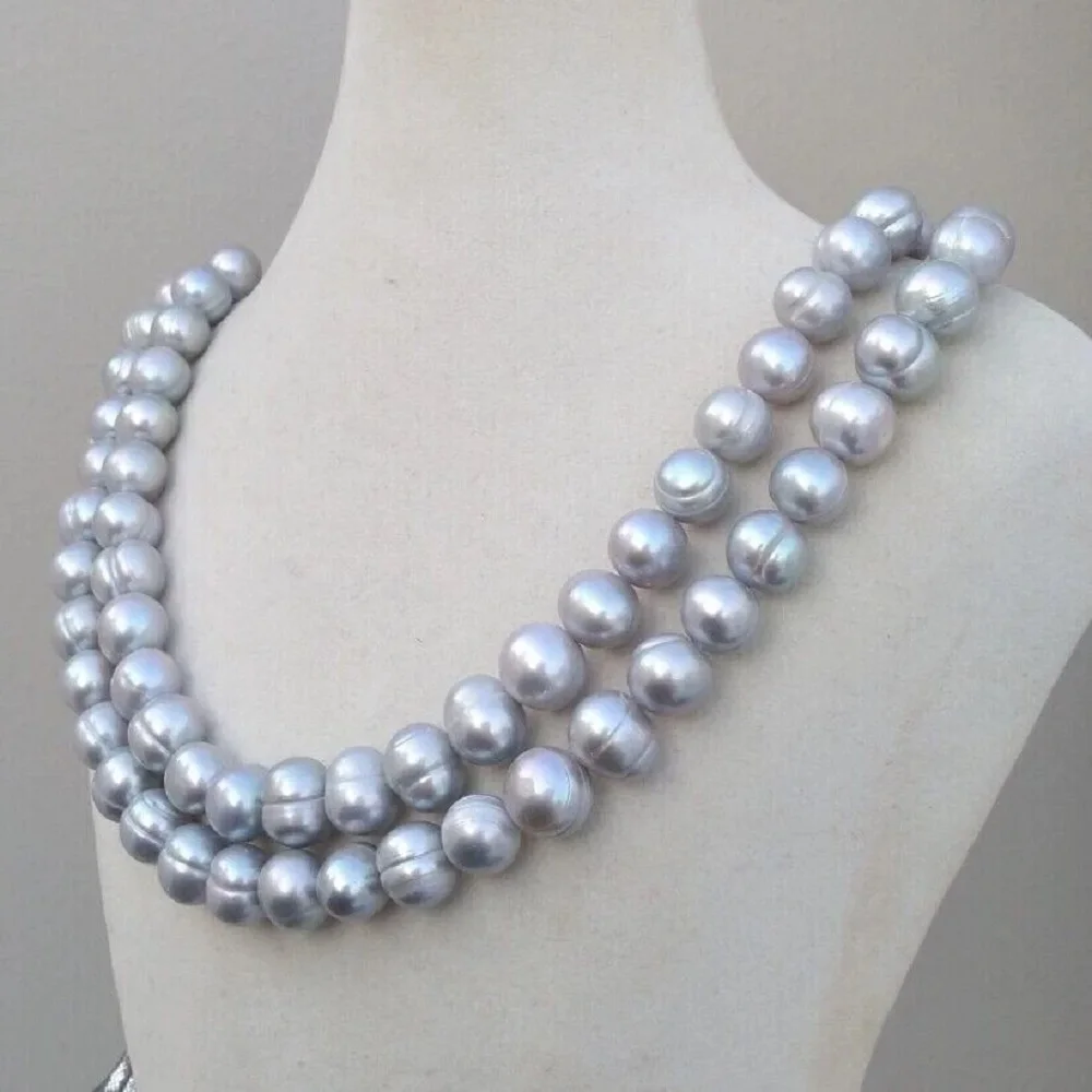 35 in/single row necklace AAA 10-12 mm natural South Sea gray Baroque pearl necklace 14k gold buckle
