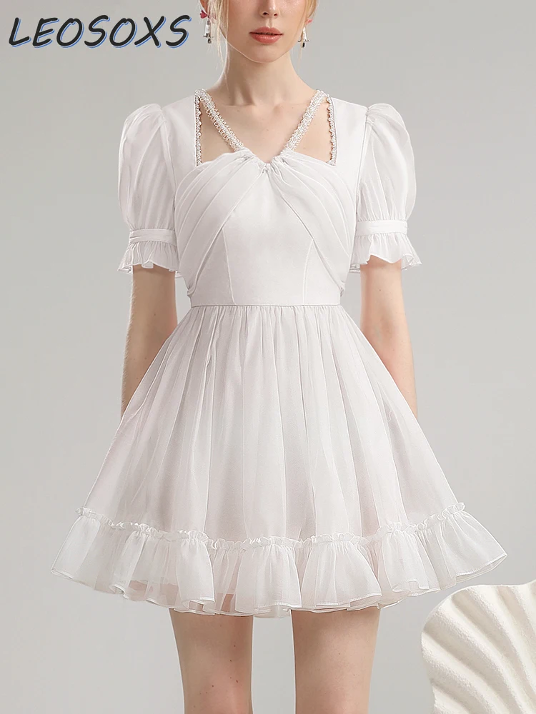 Sweet Romantic Short Sleeve Pleated Dress Women 2024 Summer Heavy Industry Bead Necklace Organza Fresh Commuter Slim White Dress