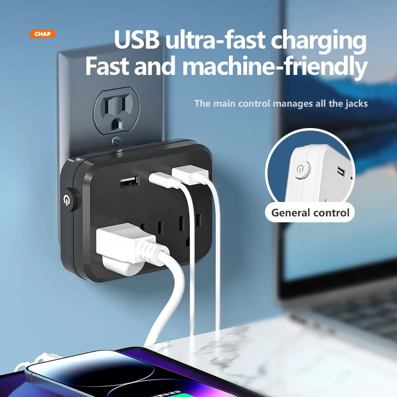 US Switch with surge protector Mini Portable Power socket 6-in-1 Multifunctional 3 sockets 2 USB ports 1 Type-C white/black view 2