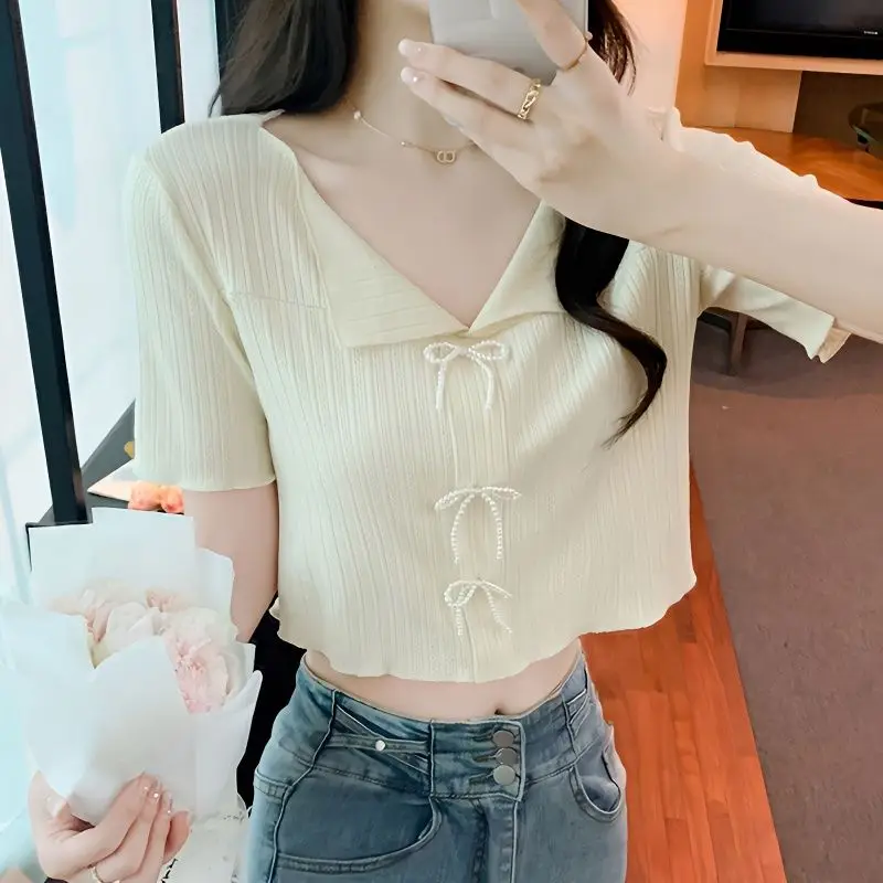 

Women Shirt Streetwear Summer France Bow Knot V-neck Sweet Age Reduction Lace Short Sleeved Loose Fitting Versatile Tops