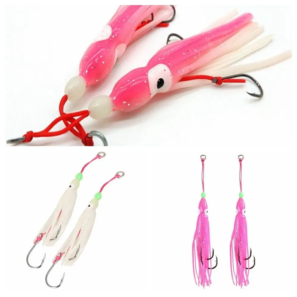 2pcs 6cm/10cm/12cm Squid Skirt Lure Double Barbed Hook Luminous Beads Squid Snapper Jig Hook Soft Lures Realistic Design