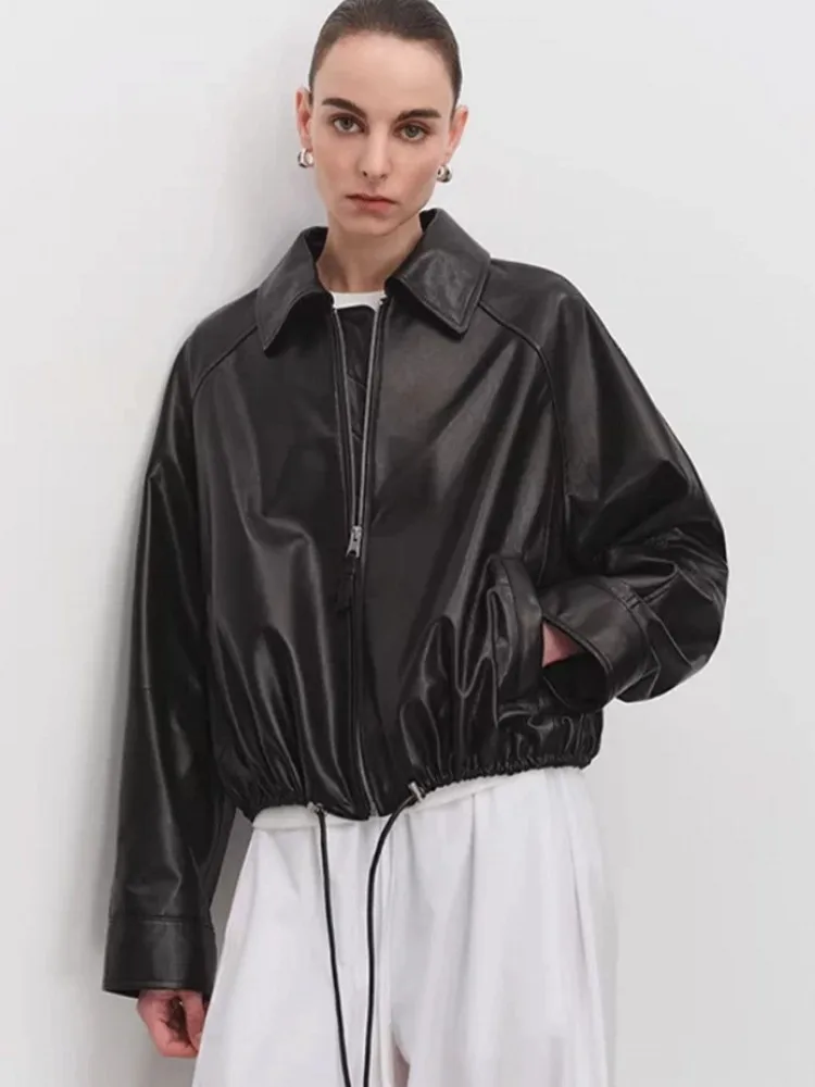 Designer Women Autumn Oversized Sheepskin Genuine Leather Jacket Loose Fit Boyfriend Style Real Leather Coat Drawstring Waist