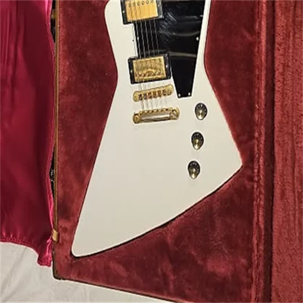 

White unconventional electric guitar, with a retro style, 6 strings, high-quality hardware