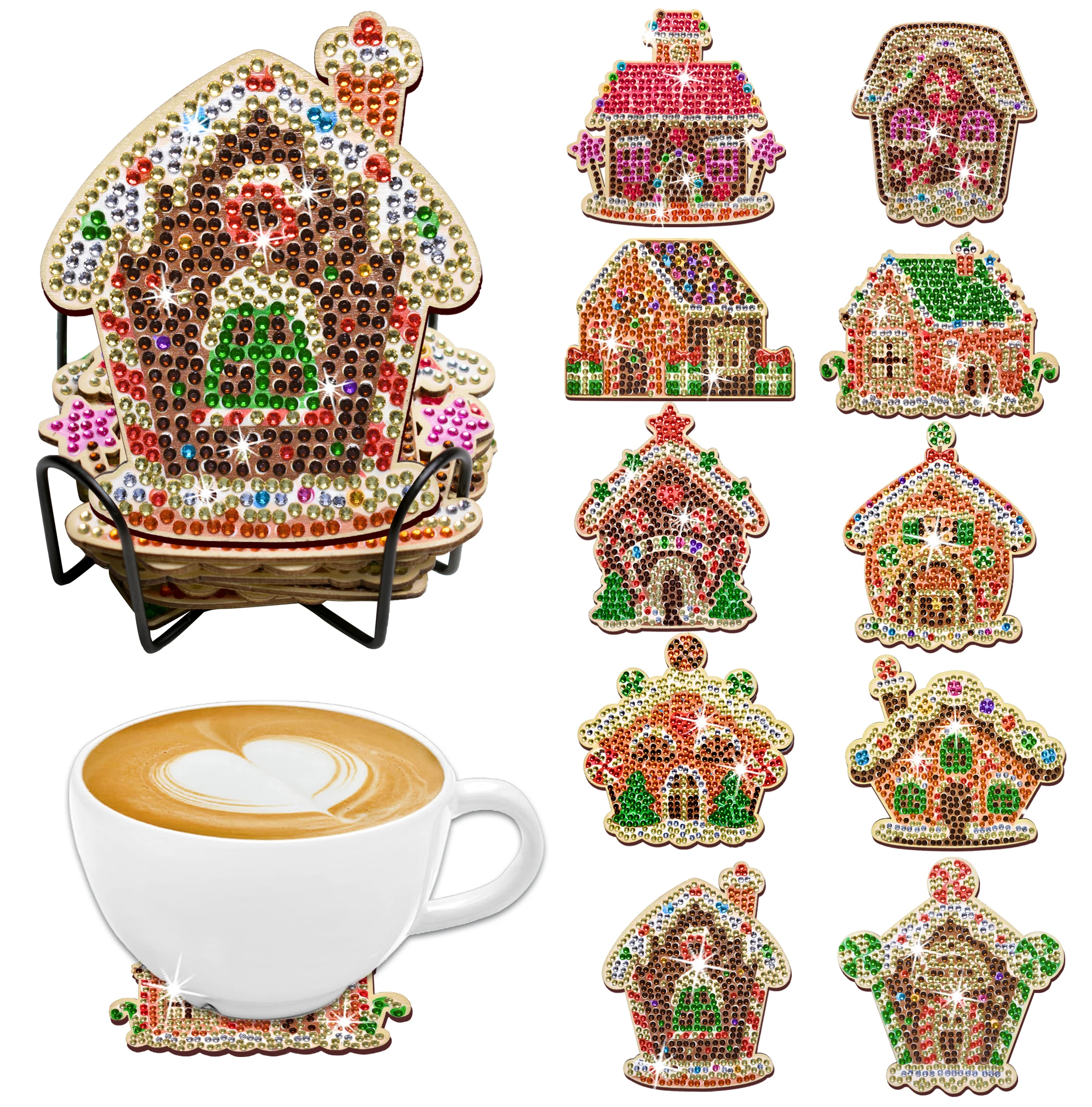 10 teile/satz DIY Weihnachten Diamant Malerei Untersetzer mit Halter Holz Tisch matte Diamant Kunst Kits für Erwachsene Weihnachten Untersetzer