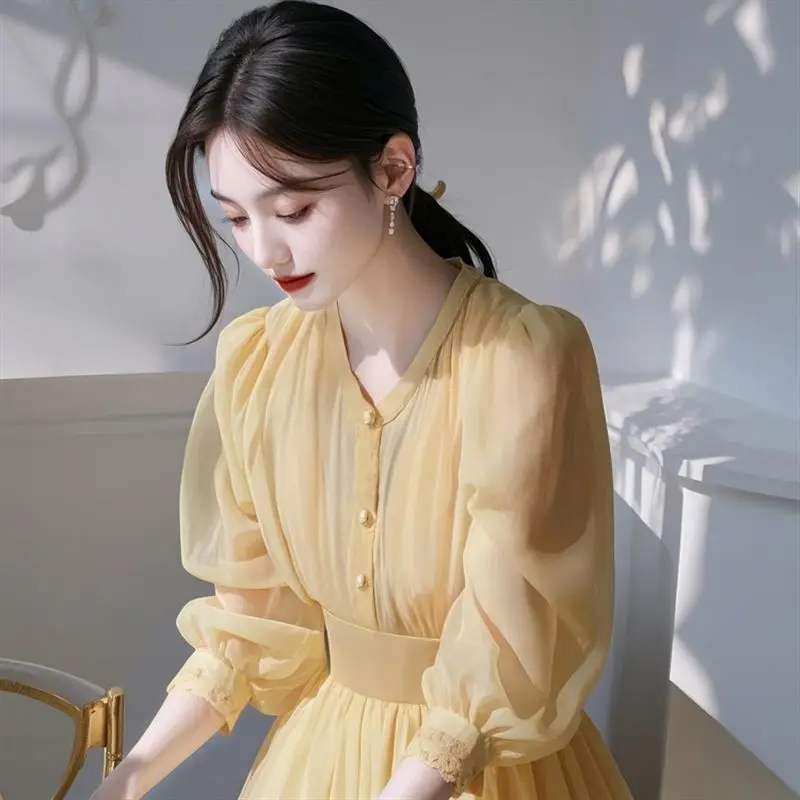 

Waist-cinching Top Spring Yellow Chiffon Blouse for Women with a High-end Youthful Chic Unique and Beautiful