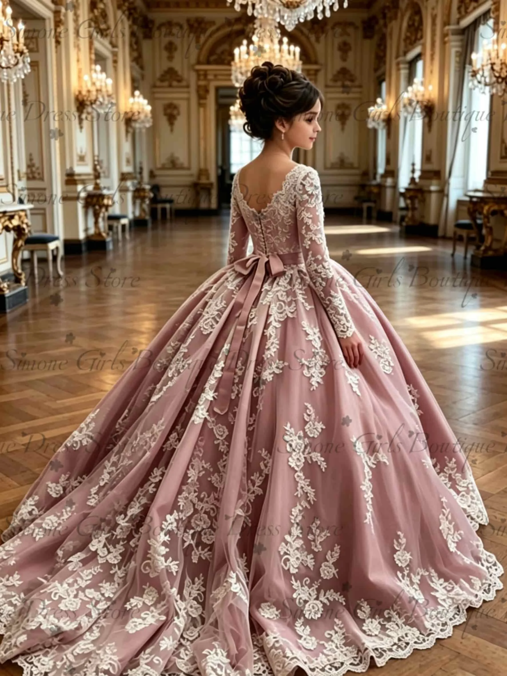 Rosa langärmliges Blumenmädchenkleid mit Schleife/Schleppe, perlenbesetztes Spitzenkleid für Kinder, Hochzeitsfeier, Erstkommunion, maßgeschneidertes Geburtstagskleid