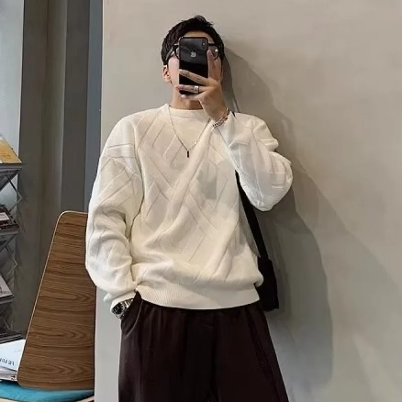 Suéter Tricotado de Gola Redonda Estilo Casual Masculino, Moda Outono Inverno, Cor Sólida, Estilo Americano