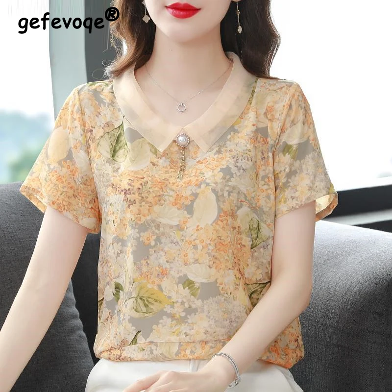 

2024 New Summer Women Fashion Floral Print Beaded Blouse Elegant Short Sleeve Chiffon Shirt Ladies Loose Chic Tops Casual Blusas