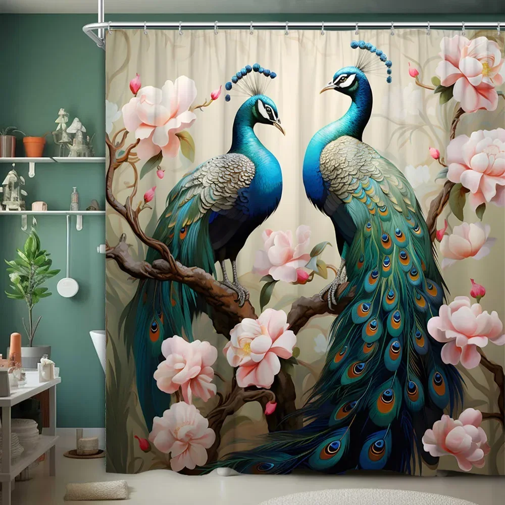 Peacock Shower Curtain Tropical Botanical Animal Flower Farm Oil Painting Landscape Polyester Fabric Bathroom Decor Curtains Set