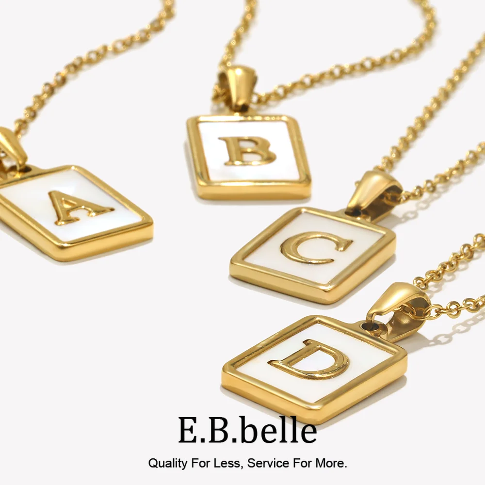 E.B.belle Minimalist Mother of Pearl Shell Stainless Steel Tarnish Free Initial Necklace Gold Plated Letter Necklace for Women