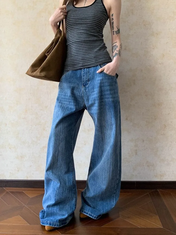 Deeptown Vintage High Waist Women Jeans Blue Baggy Embroidery Aesthetic Wide Leg Jeans Black White Denim Trousers Button Design