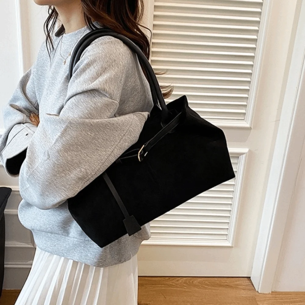 

Elegant Autumn Winter Tote Bag Large Capacity Solid Color Faux Suede Shoulder Handbag PU Leather Simple Hobo Bag Daily Use