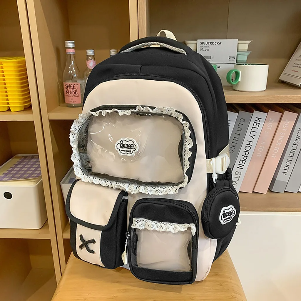 Cute Color Block Lace Trim School Backpack for Teen Girls Waterproof Multi-compartment Bookbag for Middle High School Students