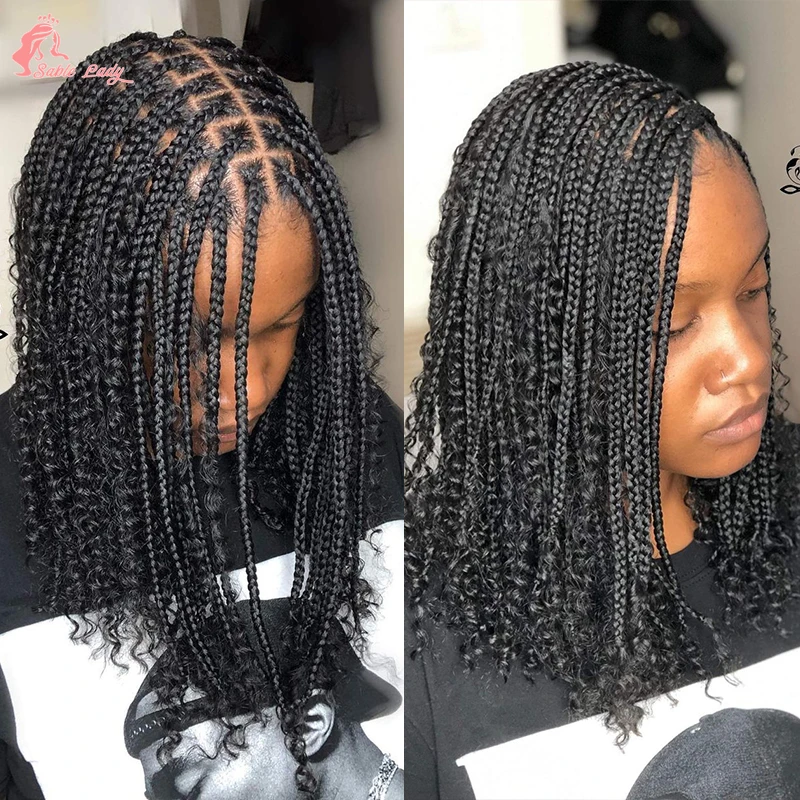 Sintético curto Bob trançando perucas de cabelo, sem nós, trançado, deusa, boêmio, encaracolado, transparente, caixa cheia, 12"