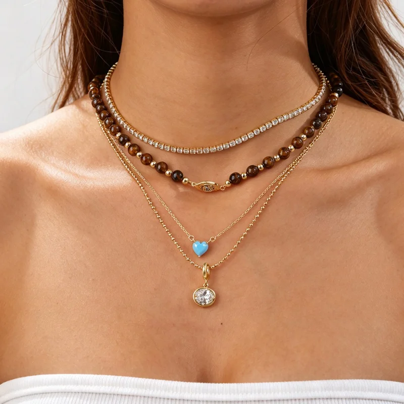 Tiger Eye Stone Devil's Eye/Blue Love Accessory Round Bead Necklace, Can be Paired with Stacking