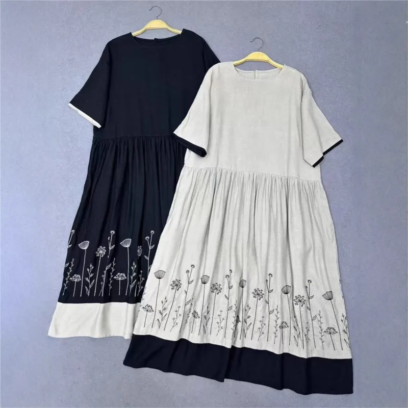 

Johnature Linen Embroidery Dresses For Women 2025 Summer New Japanese Short Sleeve Casual Loose Round Neck Dresses