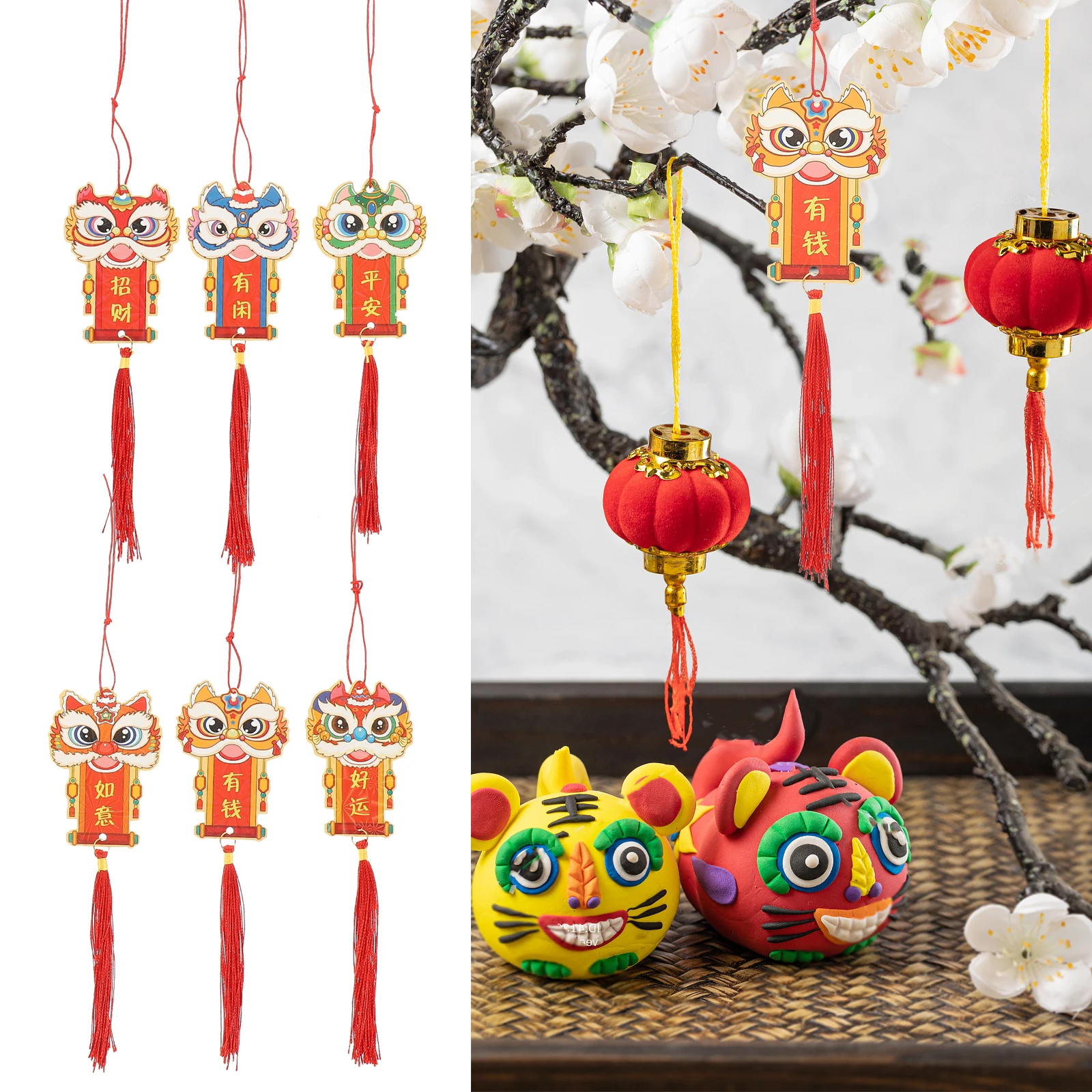 

6pcs Lion Head Hanging Ornaments Chinese New Year Decorations Festival Wall Door Car Pendant Spring Tassel Bonsai Lunar Party