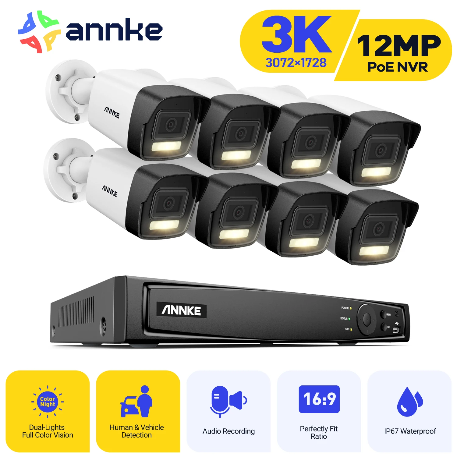 ANNKE 8 قنوات PoE نظام المراقبة بالفيديو، كاميرا CCTV الأمنية الذكية المزدوجة ضوء اللون للرؤية الليلية كشف الحركة عن بعد