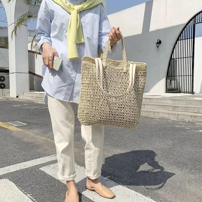 Casual Straw Shoulder Bag Woman Designer Wicker Woven Handbag Women Summer Beach Rattan Large Capacity Tote Large Purses Ladies