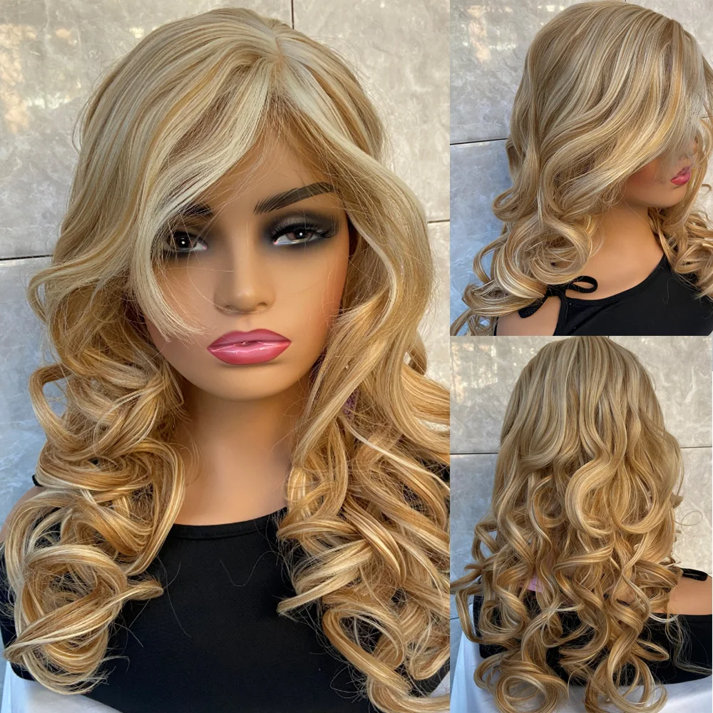 Fashiomag Long Wavy Blonde Mix Synthetic Hair Wigs For Women Natural Daily Use Super Soft