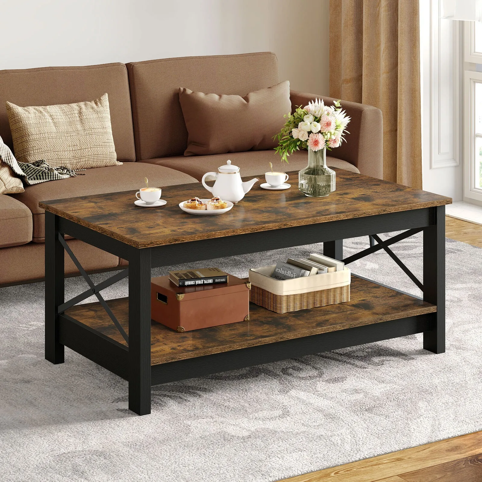 

US Coffee Table Modern Center Table With Wood Open Storage Shelf For Living Room