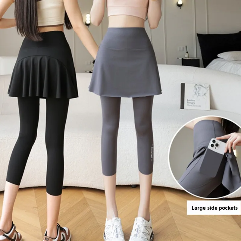 plus Size Seven-Foot Skirt Pants Women's Summer Thin Sports Yoga Running Base Pants Pocket Fake Two-Piece 200 Pounds