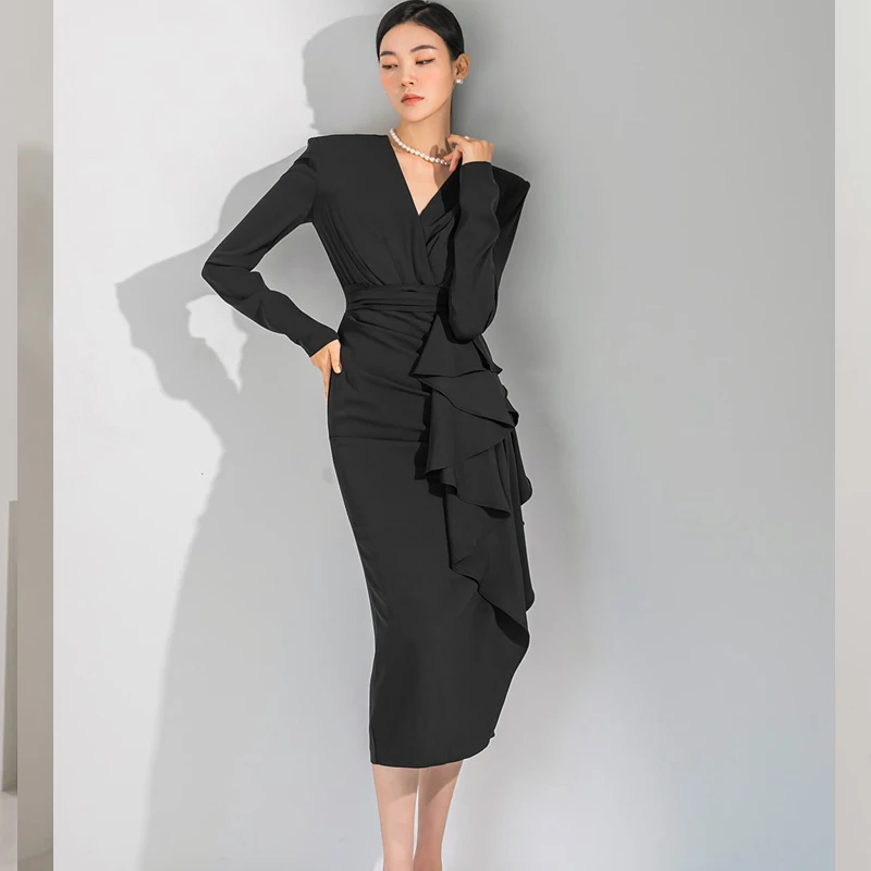 New Autumn Winter New Korean Fashion Elegant Slim Sexy Ruffled Hem Slit Dress V Neck Long Sleeve Party Dresses for Women 2023