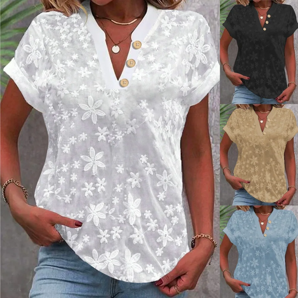 

Summer Women's Shirt Short Sleeve V Neck White Embroidered Elegant Button Pullover Top Black Office Blouse