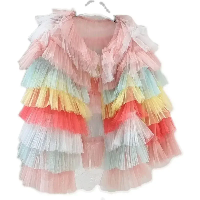 Mesh Patchwork Rainbow Color Multi-Layers Ruched Jacket Summer Sun Protection Ruffles Gauze Pleated Coat Lotus Cardigan Tops