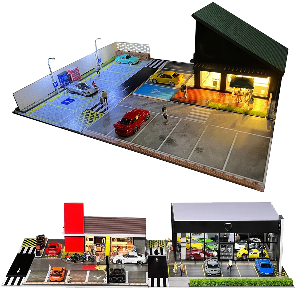 GFans NEW Model 1:64 Scale Diorama Car Garage Model With LED Lights Parking Lots City DIY Model Sets Collection Display Gifts