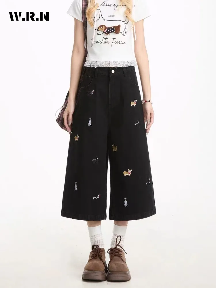 Pantalones vaqueros informales con apliques de dibujos animados para mujer, pantalones vaqueros holgados Harajuku Emo, longitud hasta la pantorrilla sólida de verano 2025, pantalones azules Y2K 2000s