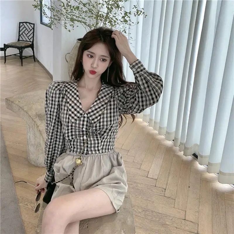 Shirts Women Plaid Peter Pan Collar Puff Sleeve Fashionable Student Slim Ulzzang Female Vintage Stylish Daily Tender All-match