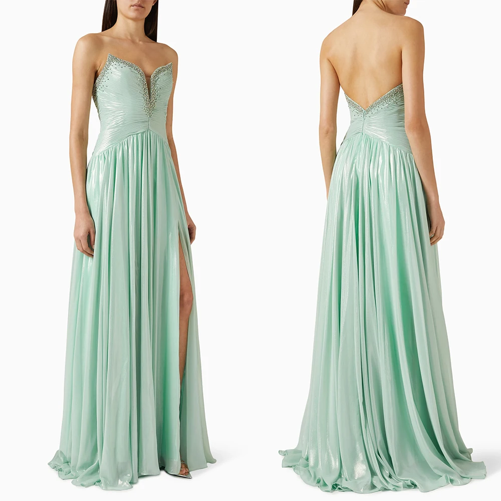 High Quality Customized V-neck Sleeveless Beaded A-line Pleat Robe Pour Mariage Invité Luxury Evening Dress فساتين حفلات Abiti