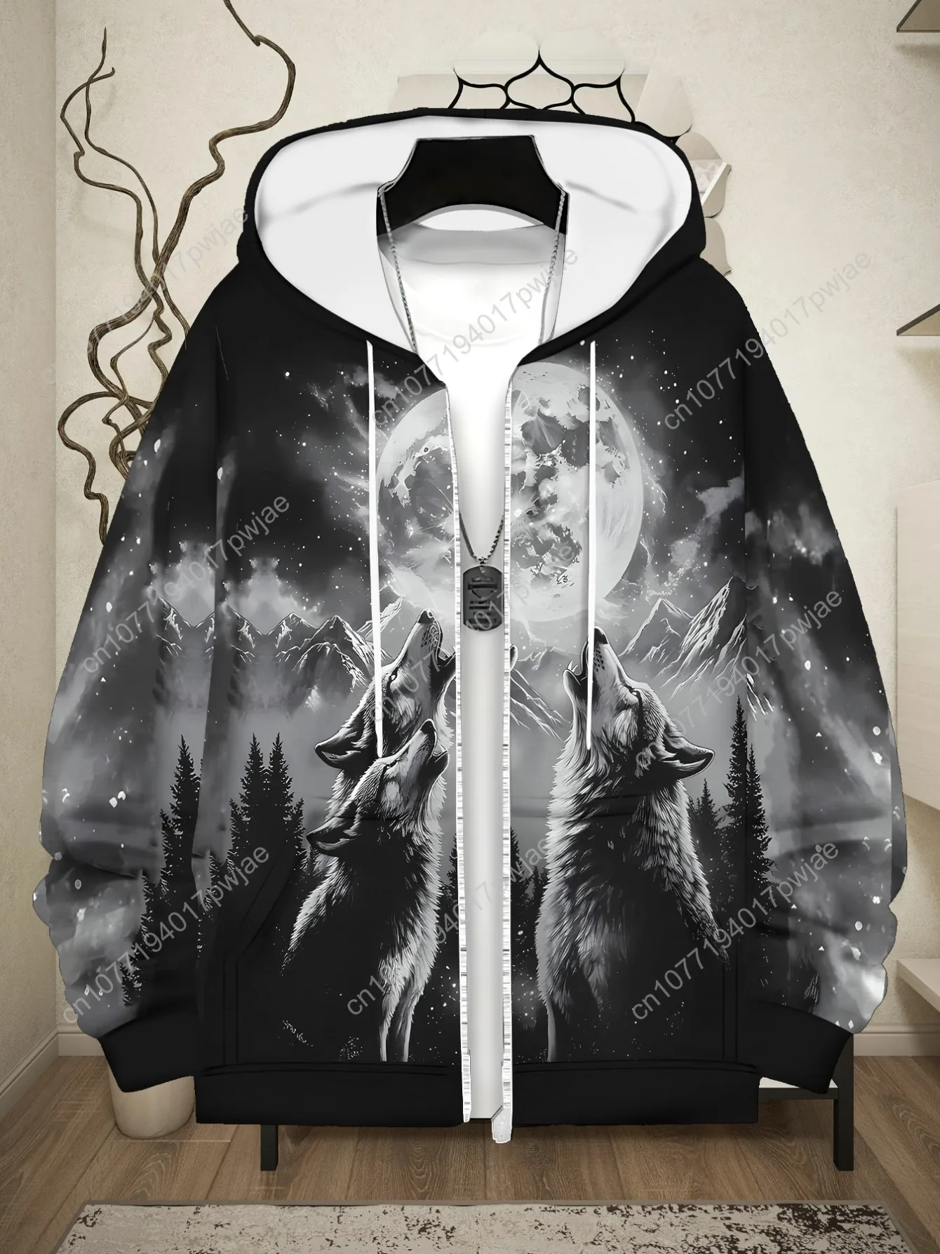 [Стильная толстовка с волком] Мужская толстовка с рисунком Wolf Howling at Moon из мягкого полиэстера |   Прочный и удобный, легкий повседневный спортивный спорт