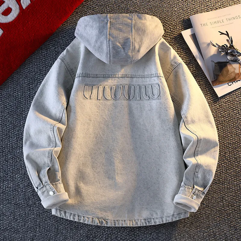 2025 spring Men Solid Denim Jackets Fashion Motorcycle Vintage Jeans Jackets Hommes Slim Fit Cotton Coat Casual Hooded Coats