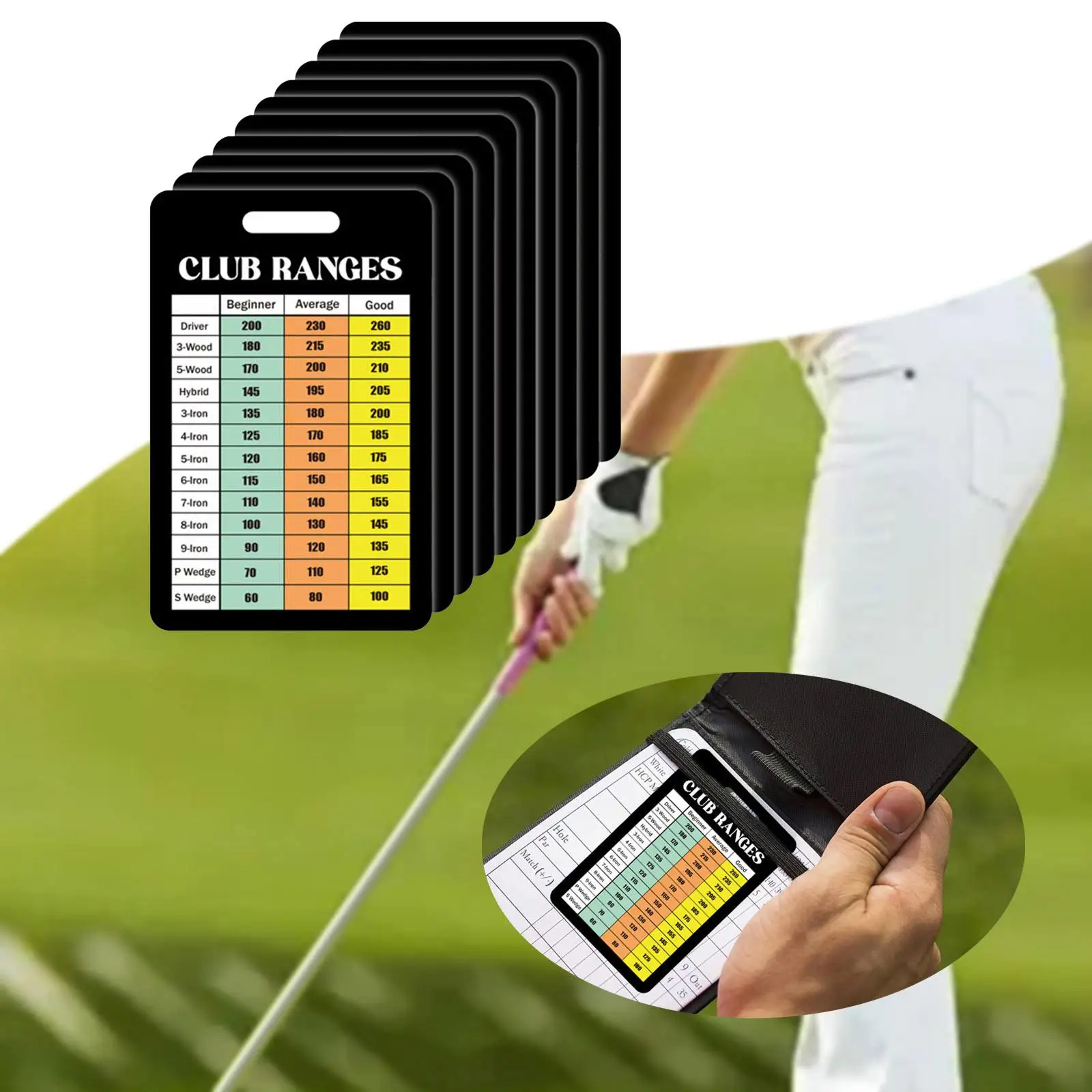 10x Golf Club Range Chart Card Yardage Book Easy Carry Beginner Average Good Range Estimation Cheat Sheet