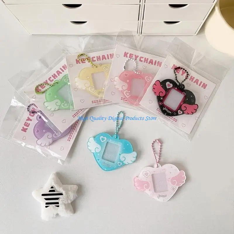 U2JEポータブル1インチ写真所有者キーチェーンハートウイングハードカードフォルダー付きフォトカードホルダー学生オフィスワーカー