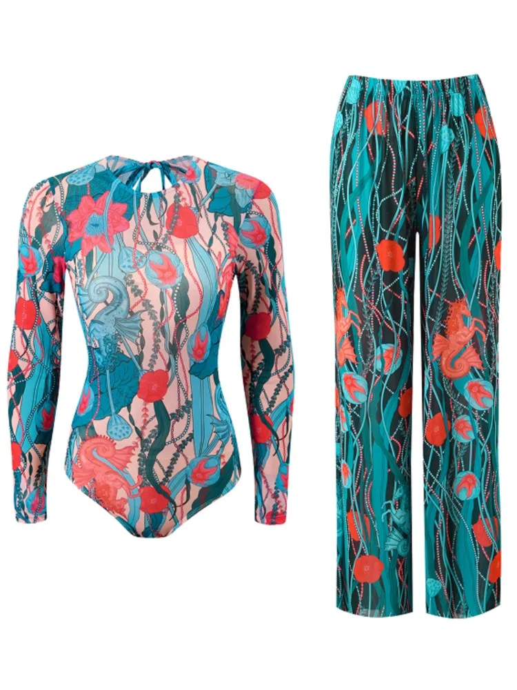 ชุดว่ายน้ำเซ็กซี่เอวสูง 5 ชิ้น สำหรับผู้หญิง ชุดบิกินี่แขนยาว ชุดว่ายน้ำชายหาด ชุดว่ายน้ำฤดูร้อน