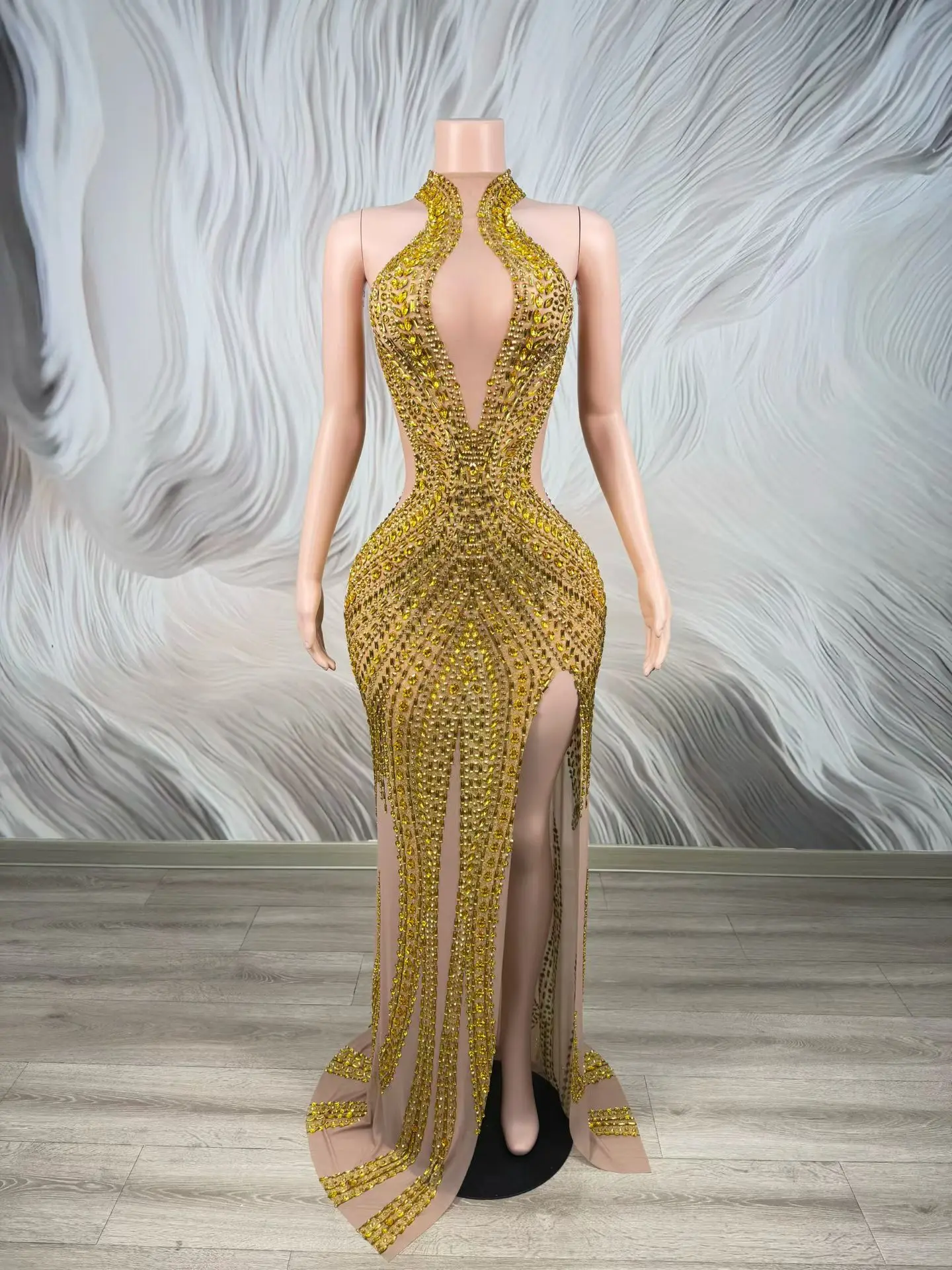 Jinchan Gold Rhinestone Mermaid Evening Gown High Neck Deep Cutout Sheer Mesh High Slit Long Party Dress - view 3
