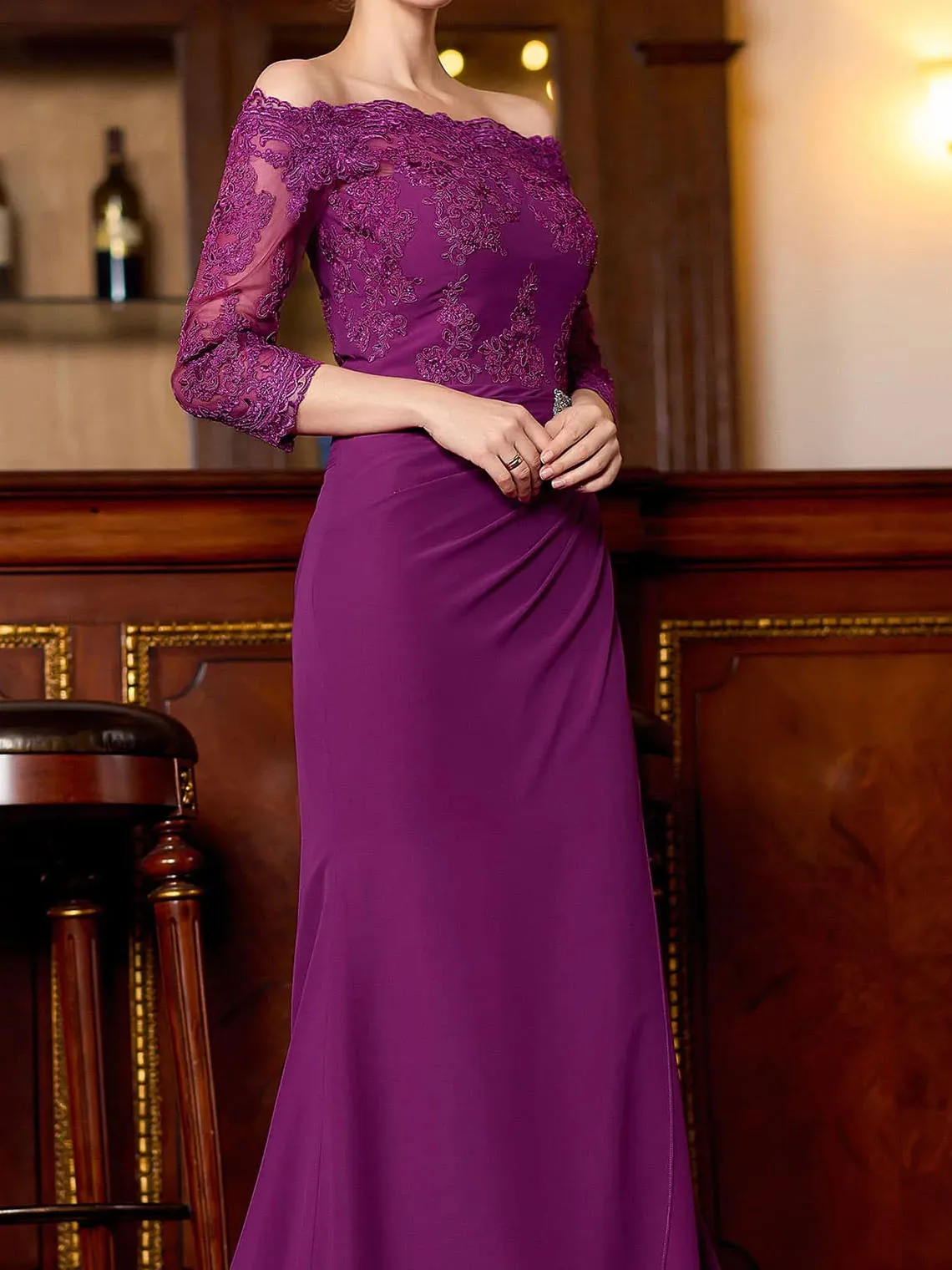 Elegant Off-the-Shoulder 3/4 Sleeves Chiffon Sheath Mother of the Bride Dress Ruffles Appliques Sweep Train 2025 Free Customized