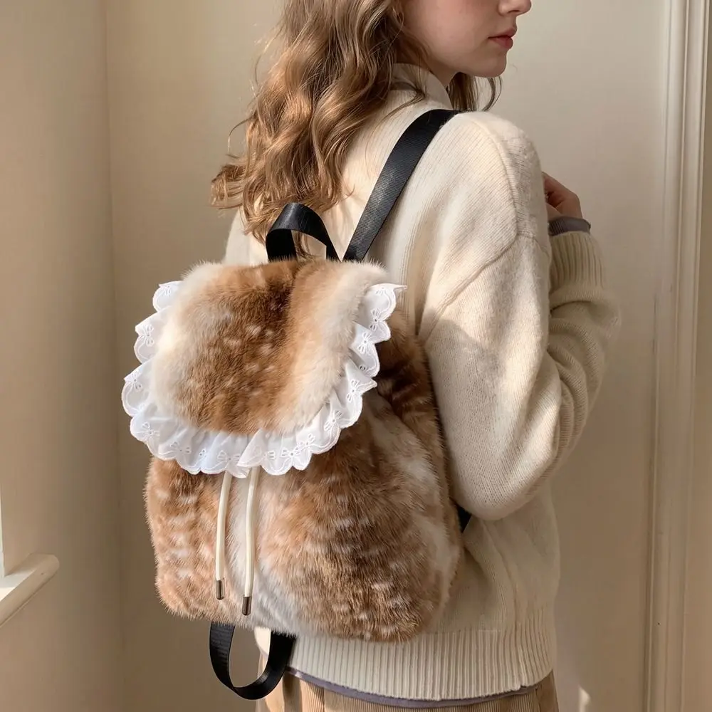 Casual Leopard Print Fluffy Shoulder Bag Deer Spot Warm Faux Fur Backpack Large Capacity Cute Backpack Dating