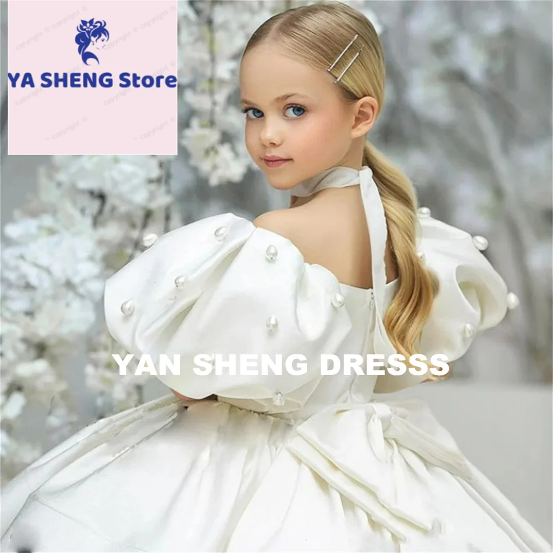

Customized Flower Girl Dress For Wedding With Pearls Bow Puffy Princess Birthday Party Ball Gowns First Communion Dress