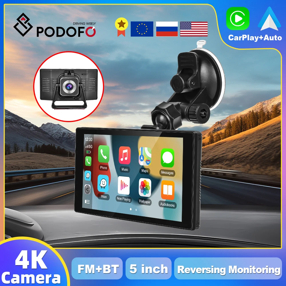 

Podofo 5''Car DVR Carplay & Android Auto Wireless Connection Smart Player Mirror-link FM Player AI Voice Support Rear Cam