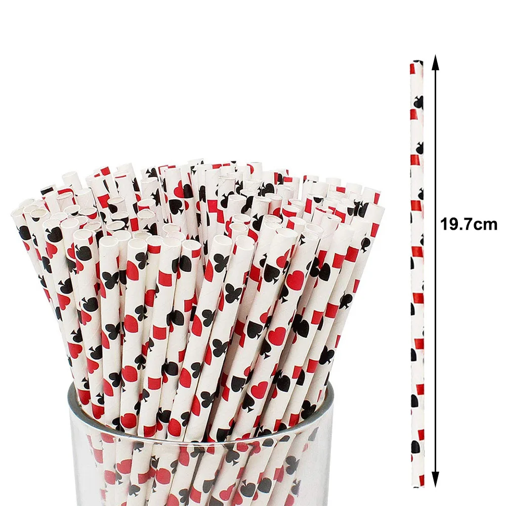 25/50/100/300pcs Poker Pattern Straws 80s 90s Las Vegas Game Night Casino Party Red Black Playing Card Color Drinking Straws