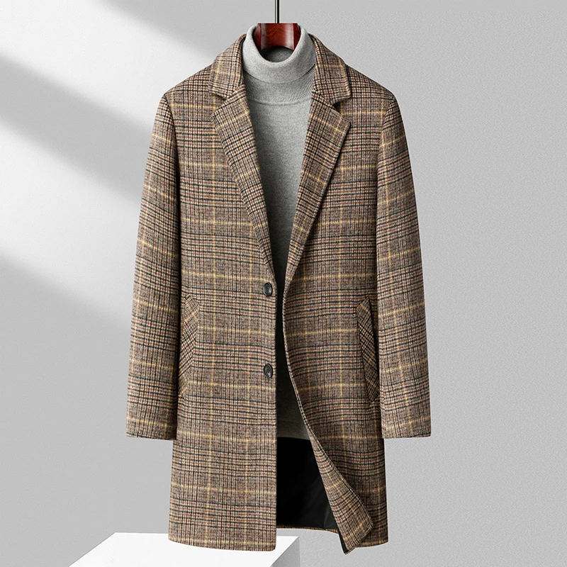 The Main Promotion of New Explosive Coat Autumn and Winter New Mid-length Plaid Pattern High-quality Wool Slim-fit Men\'s Coat