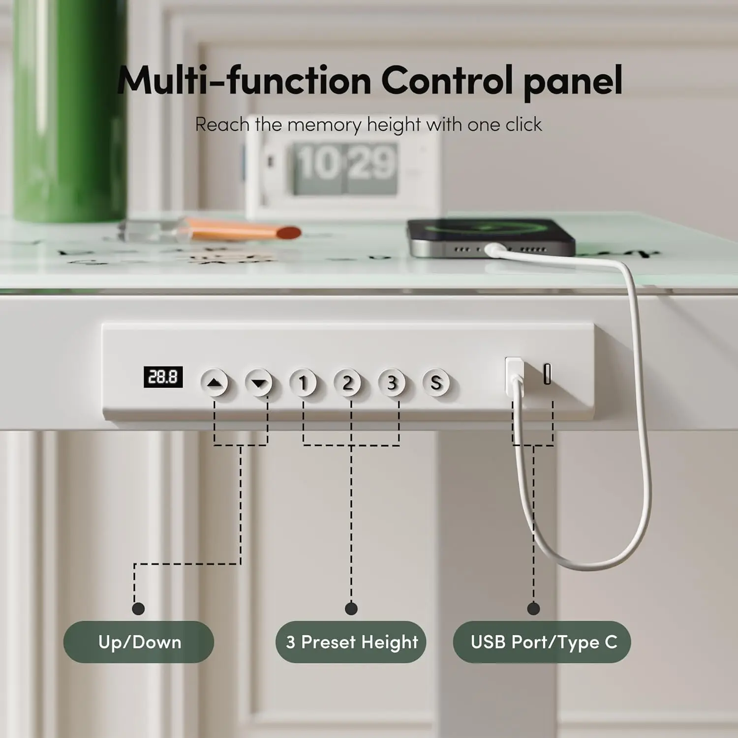 مكتب قائم كهربائي 48 × 24 مع أدراج، سطح زجاجي، تركيب سريع، أبيض