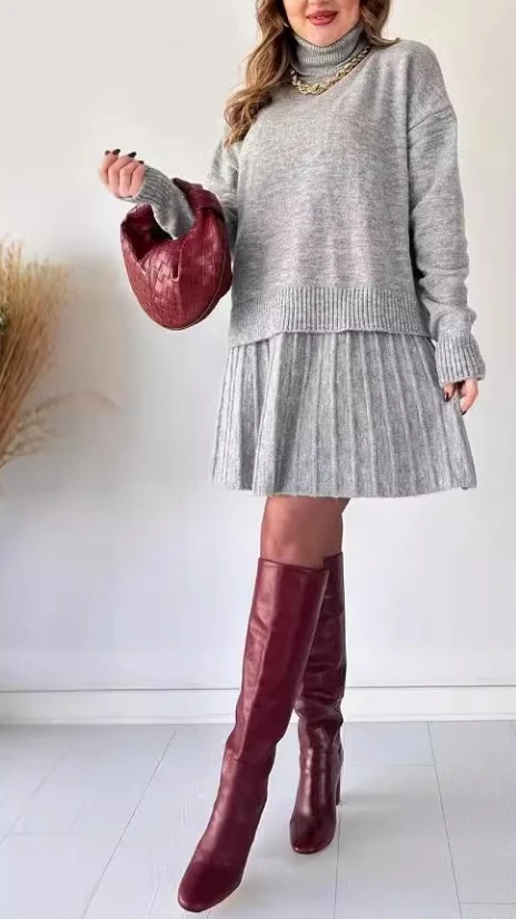 Women Knitted Sweater Skirt Set Autumn Turtleneck Full Sleeve Loose Pullover A Line Pleated Mini Skirts Suits Lady Knitwear