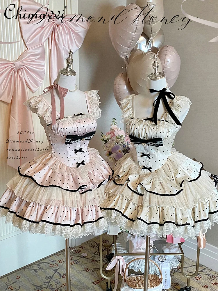 

Lolita Fairy Princess Dress New Summer Sweet Girl Women's Polka Dots Slim Strapless Lace Cute Puffy Short Party Birthday Dresses